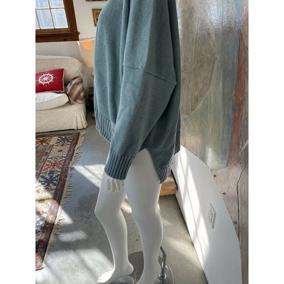 Eskandar Sweater Blue Merino Wool Ribbed Turtleneck Hi Low Medium / Large - Picture 7 of 12